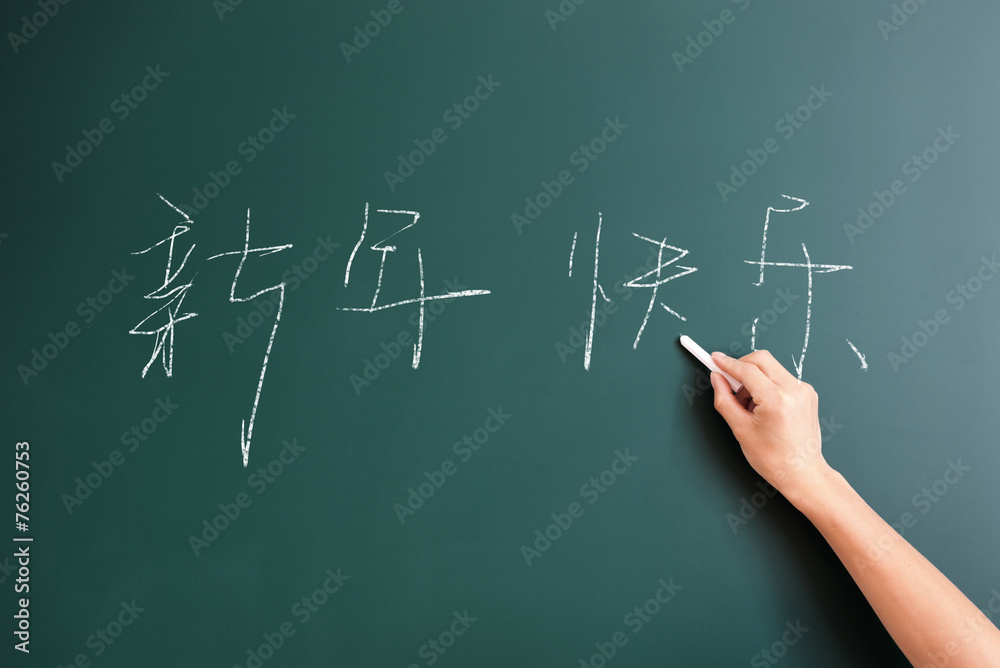 writing chinese phrase happy new year on blackboard