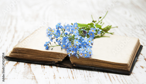 Forget-me-nots flowers and old book