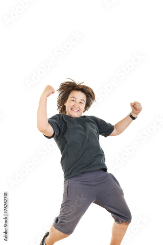 boy smiling with face expression and jumping in black dark t-shi