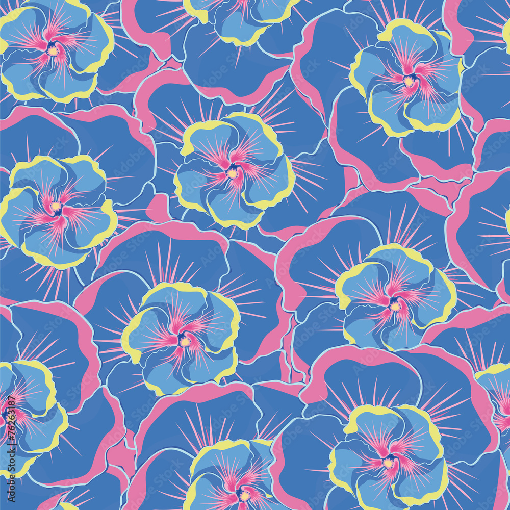 seamless blue background with blue hibiscus flowers.