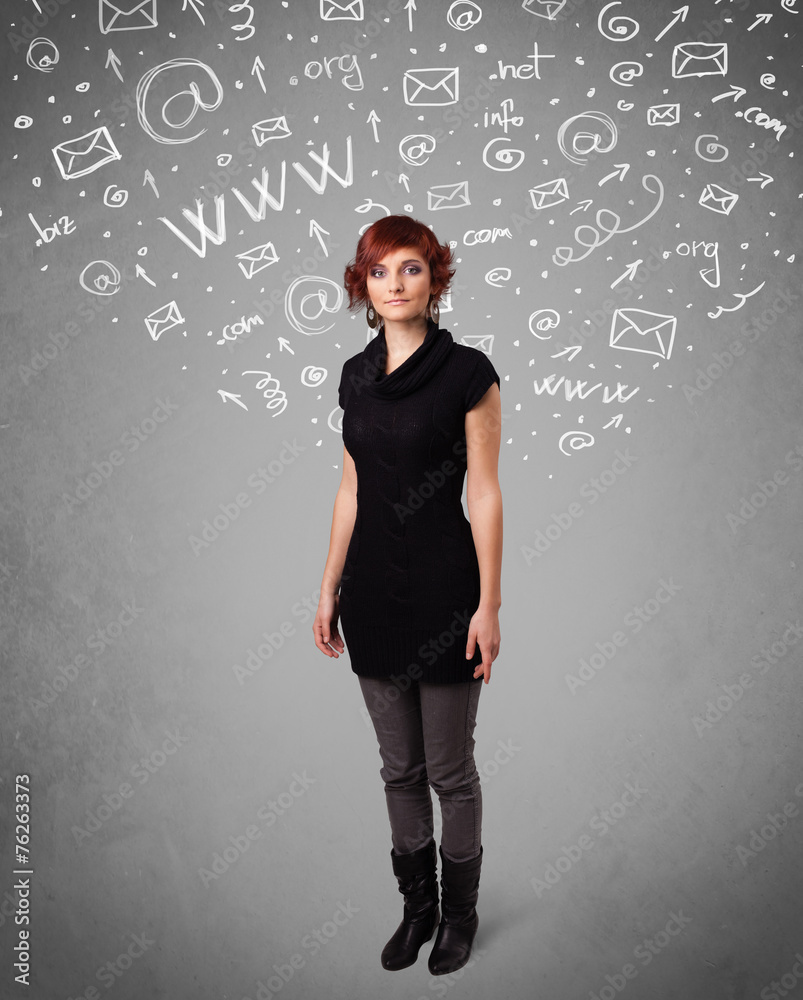 Pretty young girl with abstract white media icon doodles Pretty young girl with abstract white media icon doodles