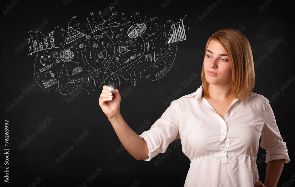 Pretty girl sketching graphs and diagrams on wall Pretty girl sketching graphs and diagrams on wall