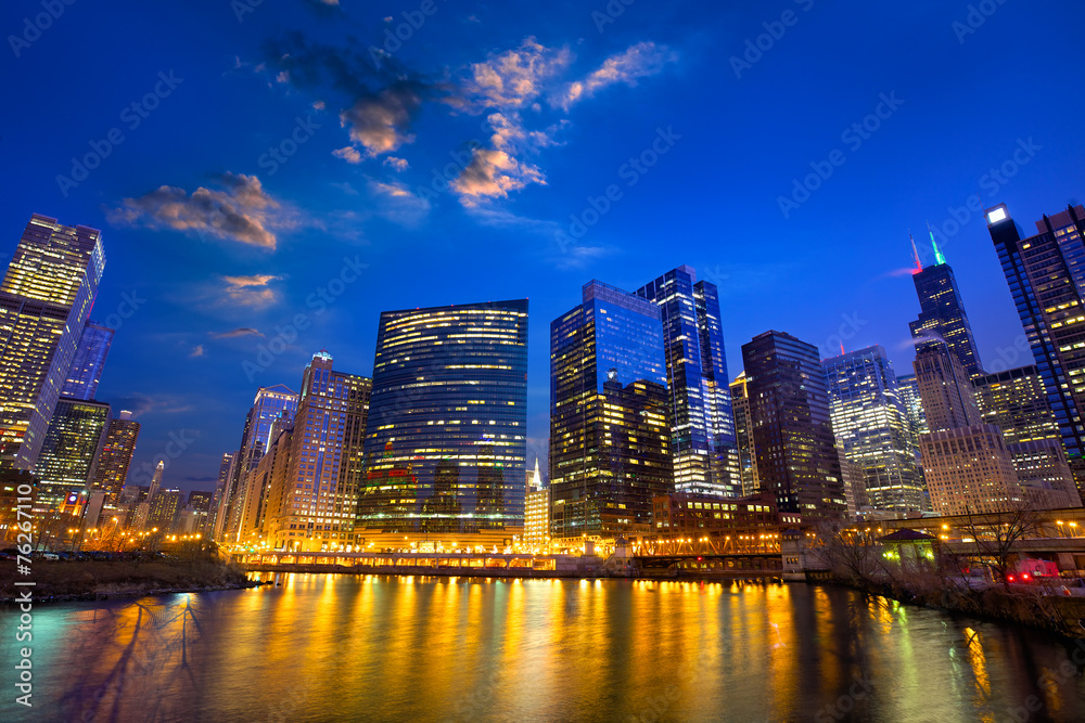 Chicago River and skyline at dusk, IL, US