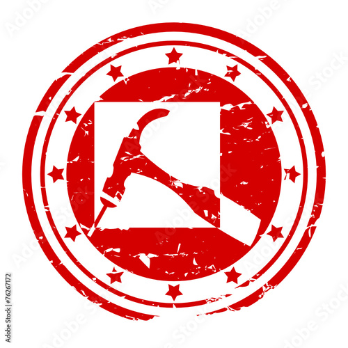 Round red stamp with a hammer, nails and stars - vector