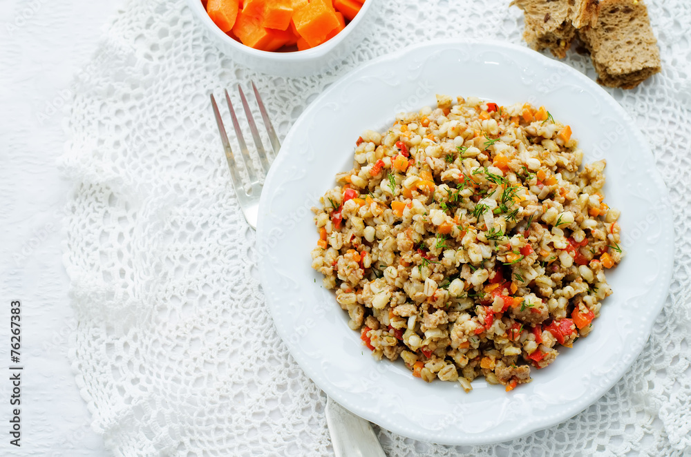 barley porridge with meat and vegetables