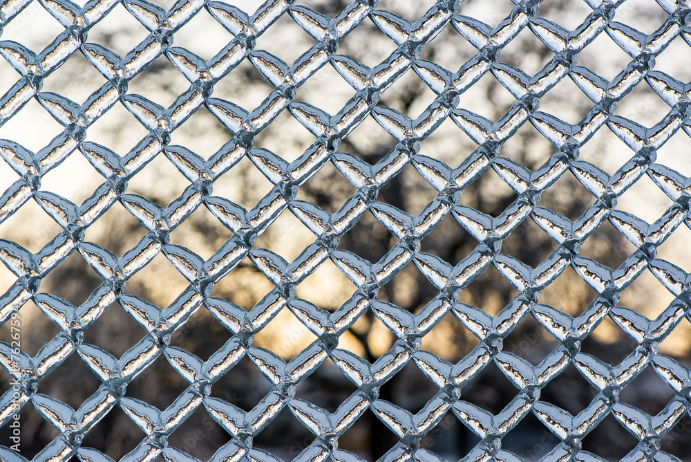 Fototapeta premium Thick Frozen Ice on a Metal Chain Link Fence