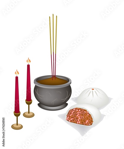 Chinese Nikuman with Candle and Joss Stick