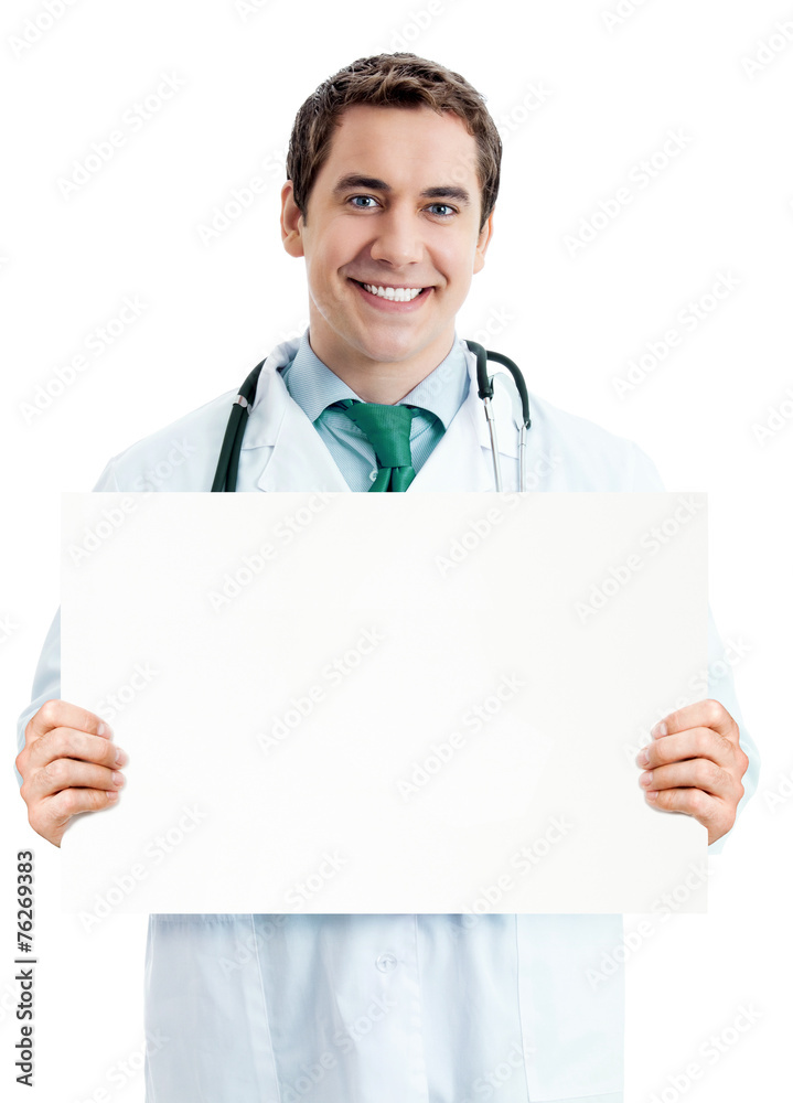 Doctor with blank signboard with copyspace area Doctor with blank signboard with copyspace area