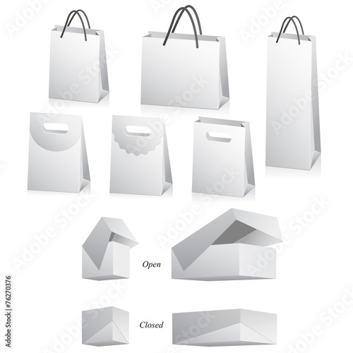 Blank bags and boxes isolated on white