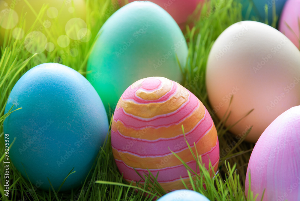 Sunny Easter Eggs Which Are Colorful and Many On Green Grass