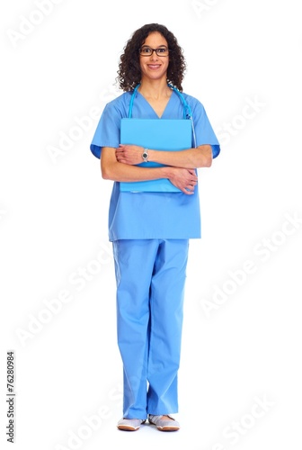 Medical doctor woman isolated white.