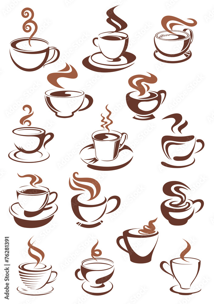 Brown cups of coffee, cappuccino, espresso, latte or chocolate