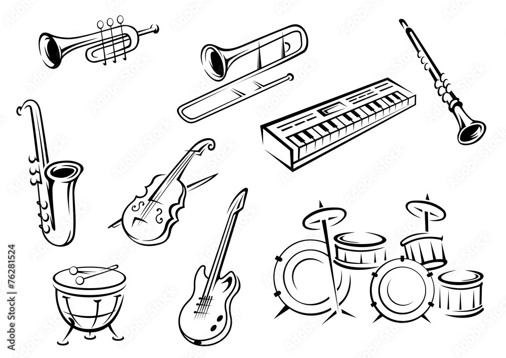 Naklejka premium Outline string, wind, keyboard and percussion instruments