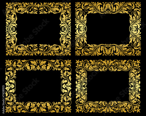 Golden floral frames on black background
