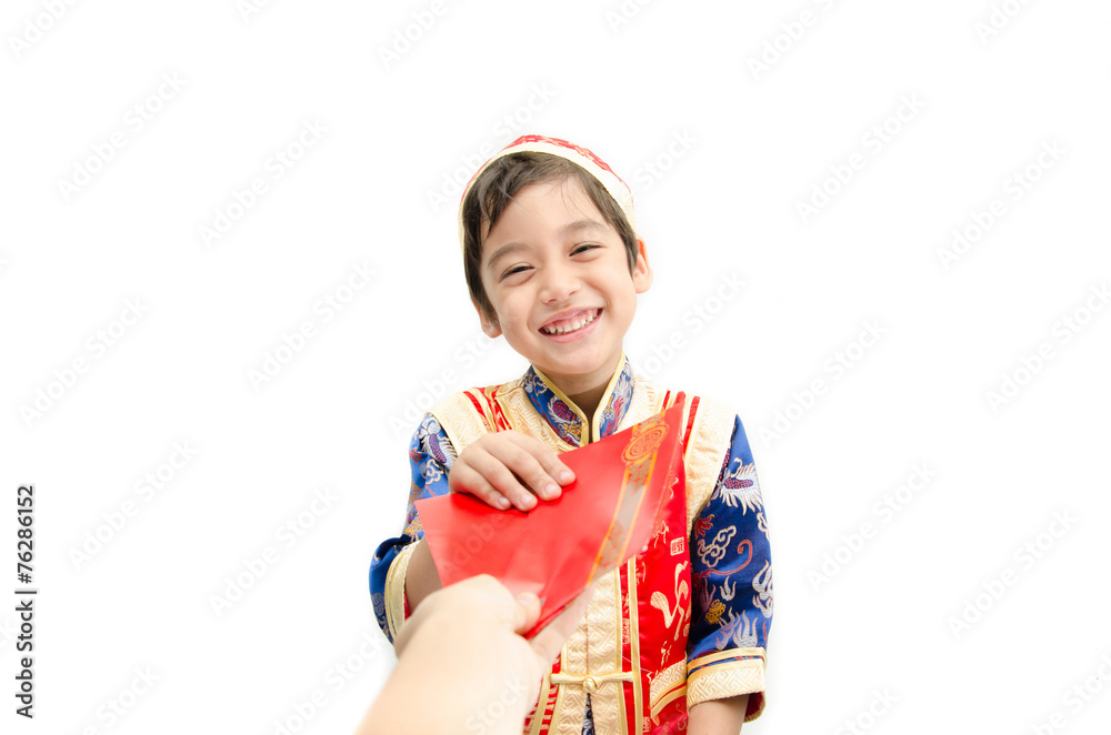 Little boy get present in dress for chinese new year Little boy get present in dress for chinese new year