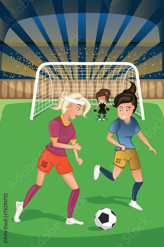 Women playing soccer in a match