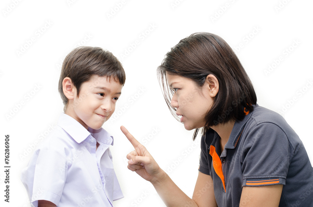 Mother teaching her crying son on white background Mother teaching her crying son on white background