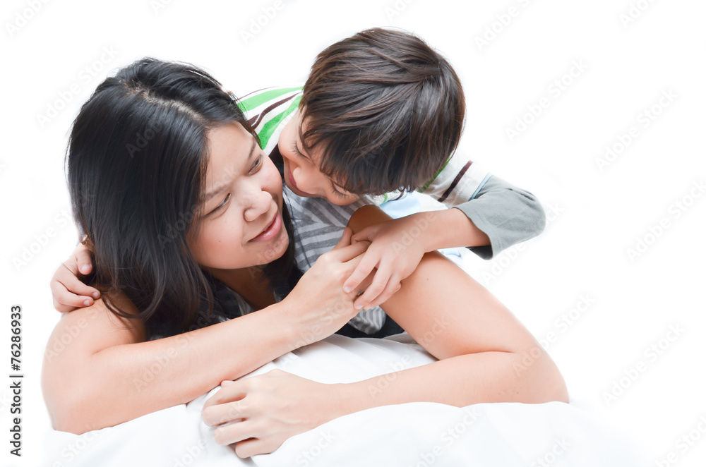 Mother and son play together hold hand each other Mother and son play together hold hand each other