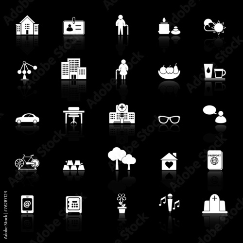 Retirement community icons with reflect on black background