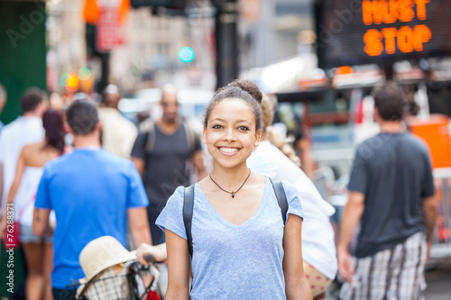 Beautiful Mixed-Race Young Woman in the City, Smiling Portrait