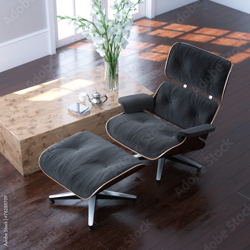 Leather armchair with ottoman and flowers in empty interior