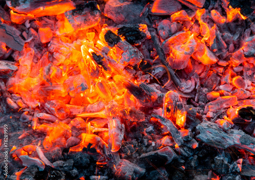 Campfire with burning firewood on foreground closeup