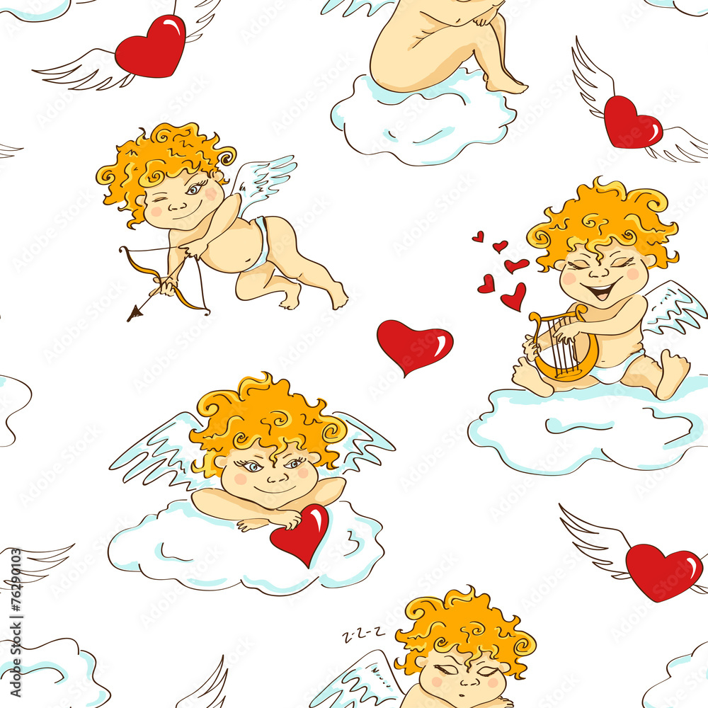 Seamless pattern with funny cartoon cupids