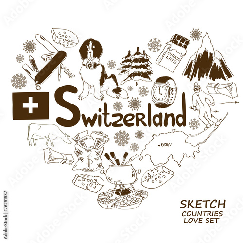 Symbols of Switzerland in heart shape concept
