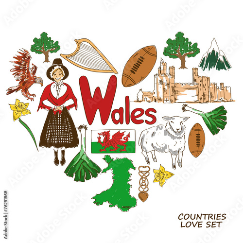 Wales symbols in heart shape concept