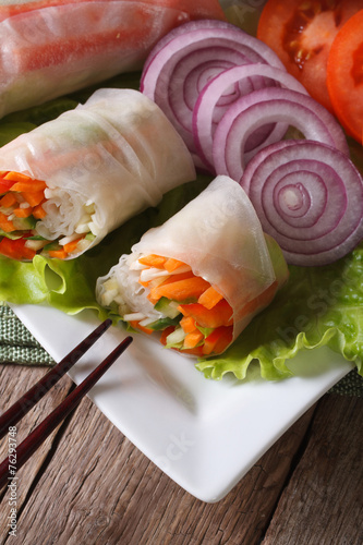 vegetable spring rolls with sauce ertical top view