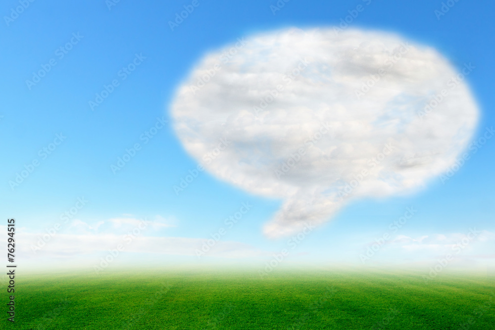 Speech bubble cloud design on blue sky and green field