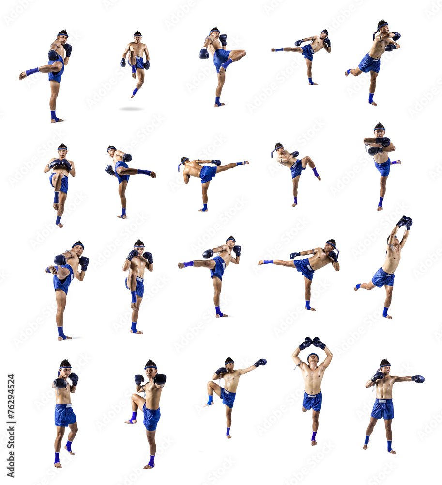 Set of thai boxer with thai boxing action, isolated on white bac Set of thai boxer with thai boxing action, isolated on white bac