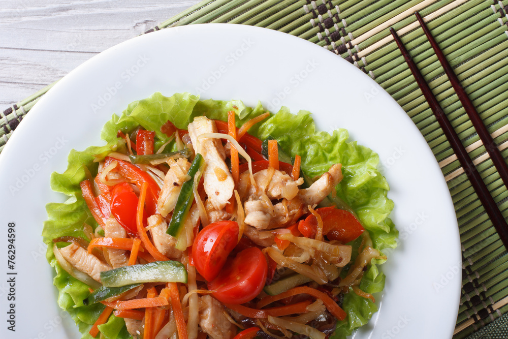 Chinese chicken salad with vegetables horizontal top view Chinese chicken salad with vegetables horizontal top view