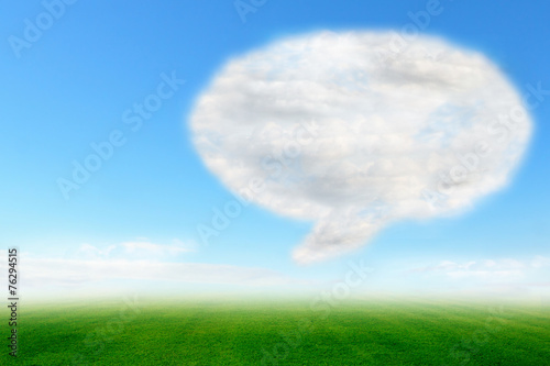 Speech bubble cloud design on blue sky and green field