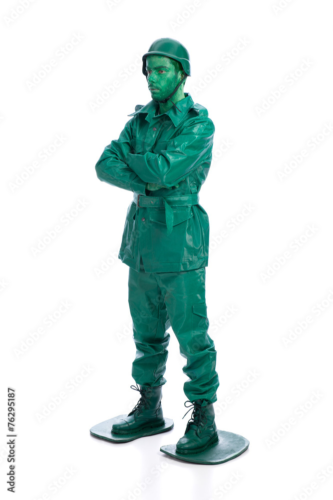 Man on a green toy soldier costume Man on a green toy soldier costume