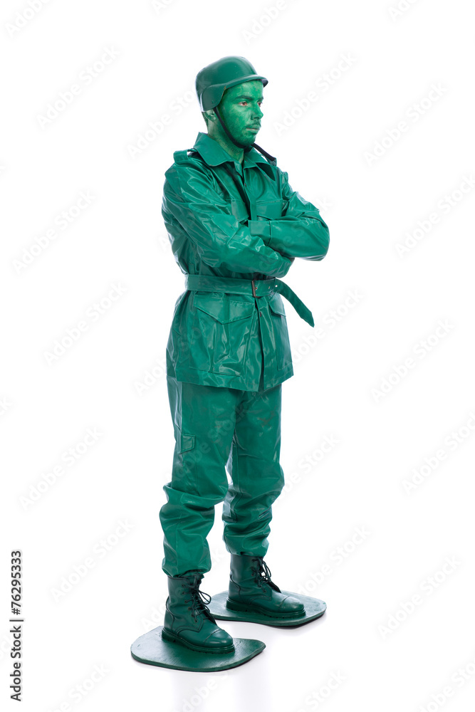 Man on a green toy soldier costume Man on a green toy soldier costume