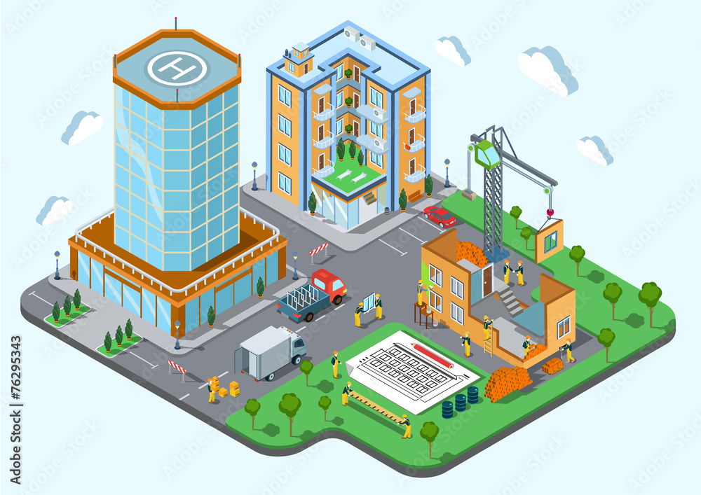 Construction place city concept modern trendy flat 3d isometric Construction place city concept modern trendy flat 3d isometric