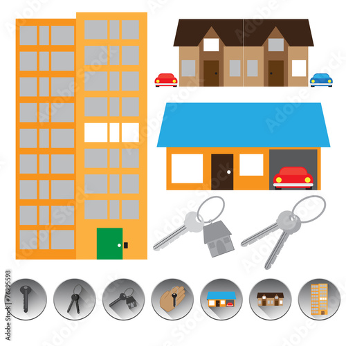 real estate. buildings, keys and icons. vector format.