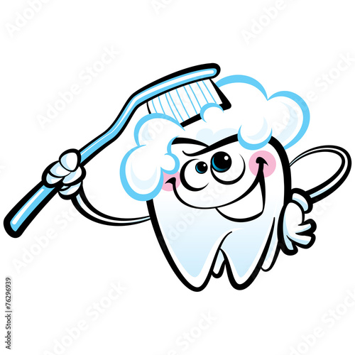 Happy cartoon white molar tooth character washing with dental to