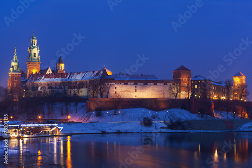 View of  Wawel castle and Vistula River in Krakow in night #76303155