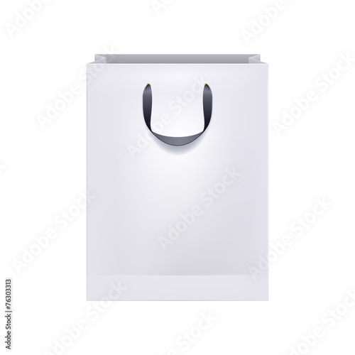 Blank white paper bag with black handles.