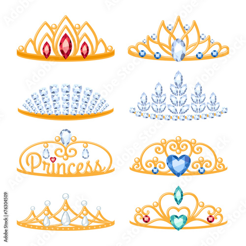 Set of beautyful golden tiaras with gemstones.