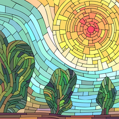 Keuken achterwand Mozaïek Mozaïek rode zon met bomen  © vertyr