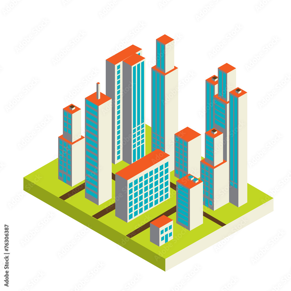 Vector isometric city center on the map with lots of buildings Vector isometric city center on the map with lots of buildings