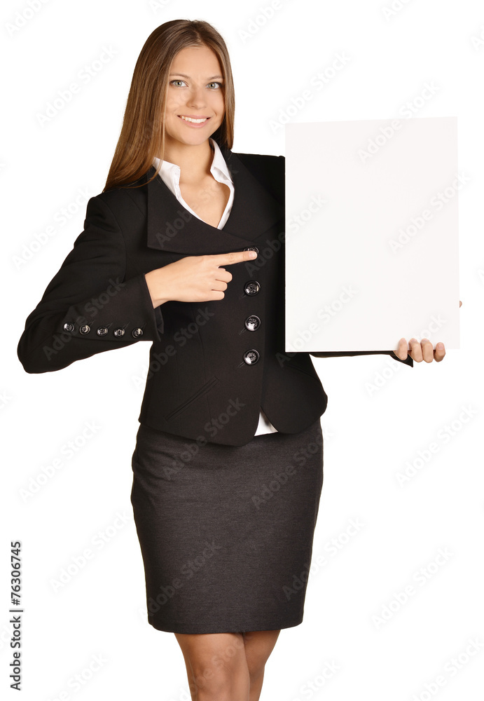 Business girl shows forefinger hand on the blank banner.