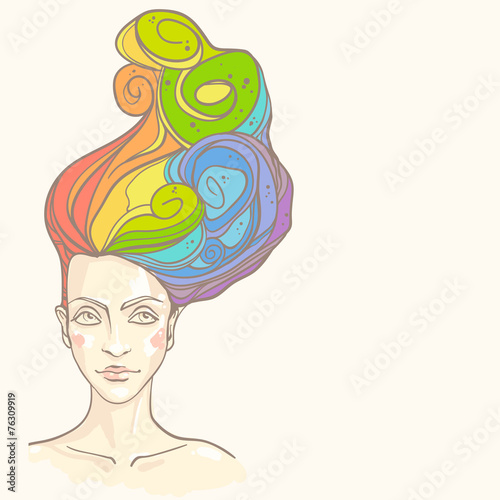 Concept of women head with rainbow hair. Vector illustration