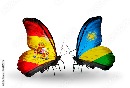 Two butterflies with flags Spain and Rwanda