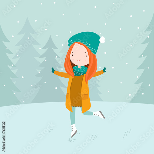 Vector illustration of sweet girl ice skating on frozen lake