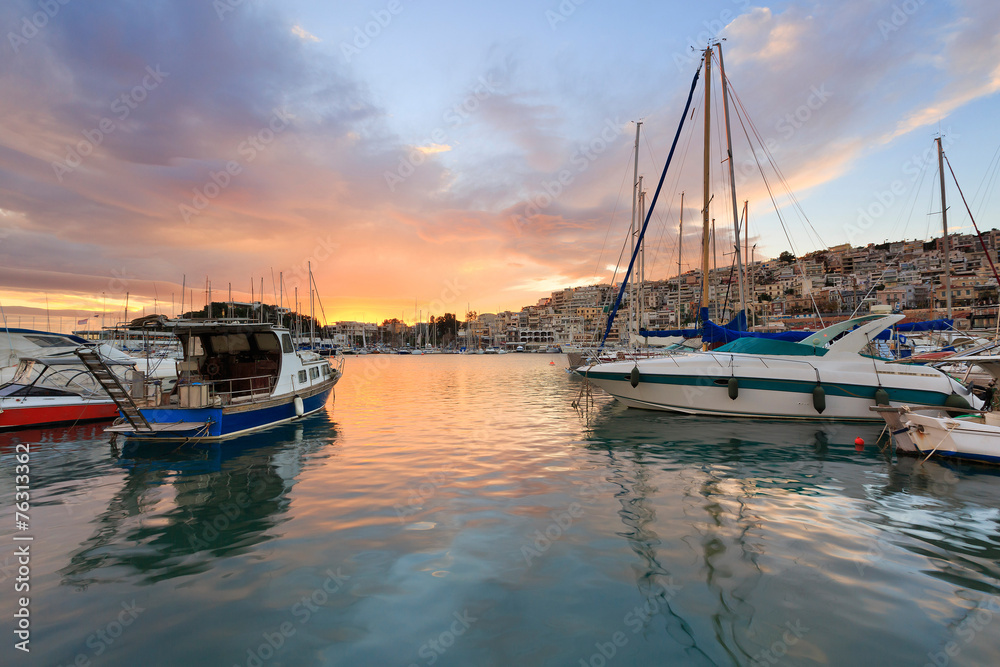 Sunset in Mikrolimano marina in Athens, Greece.