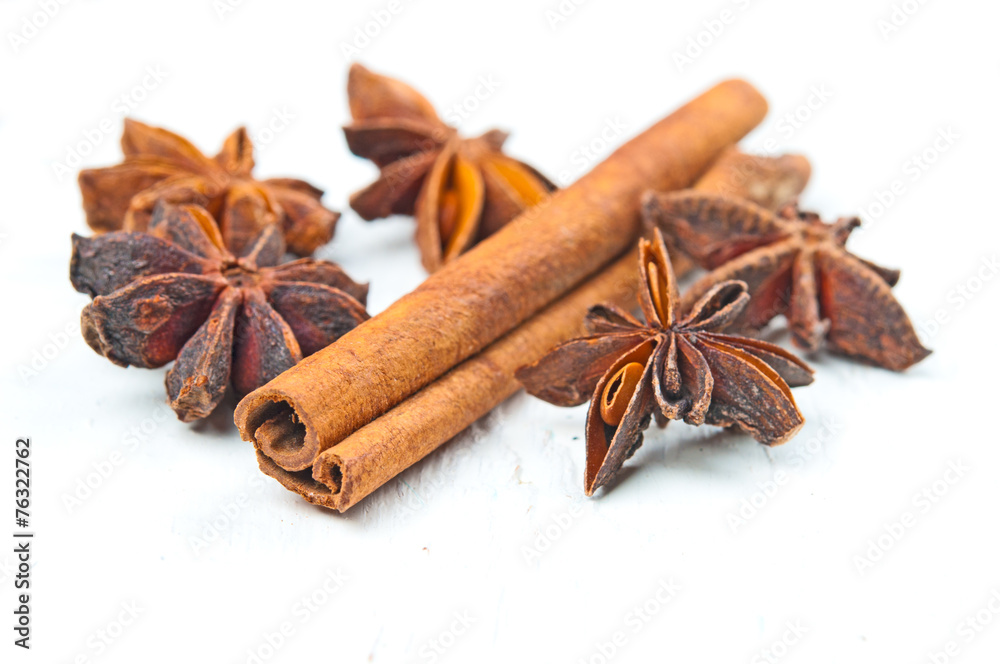 Anice and cinnamon on wooden background Anice and cinnamon on wooden background